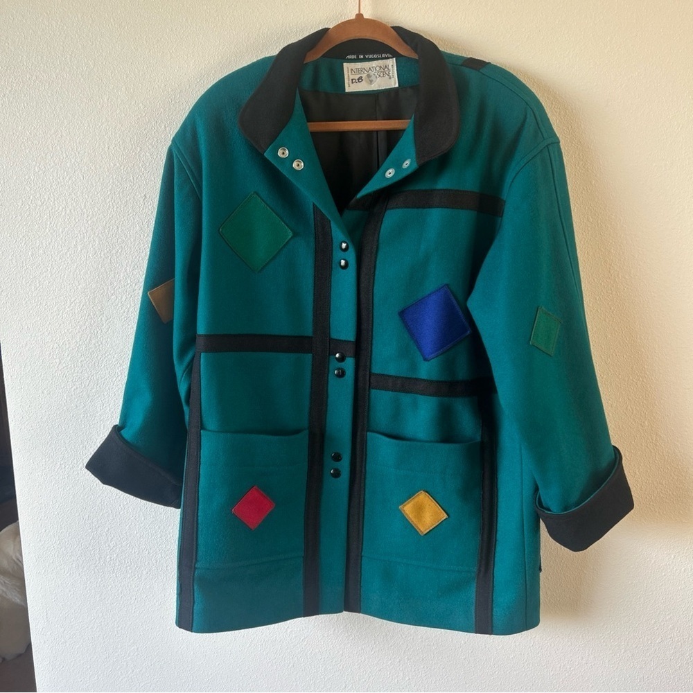 Vintage Teal Geometric jacket 100% Wool